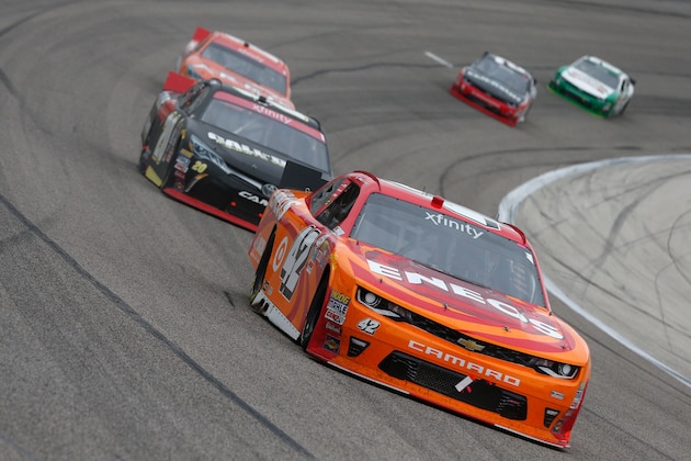 FORT WORTH, TX - NOVEMBER 05: Kyle Larson, driver of the #42 ENEOS Chevrolet, leads a pack of cars during the NASCAR XFINITY Series O'Reilly Auto Parts Challenge at Texas Motor Speedway on November 5, 2016 in Fort Worth, Texas.  (Photo by Brian Lawdermilk/Getty Images)