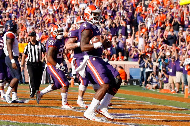 CLEMSON, SC - NOVEMBER 05: Deshaun Watson #4 of the Clemson Tigers reacts after scoring a touchdown during the game against the Syracuse Orange at Memorial Stadium on November 5, 2016 in Clemson, South Carolina.  (Photo by Tyler Smith/Getty Images)