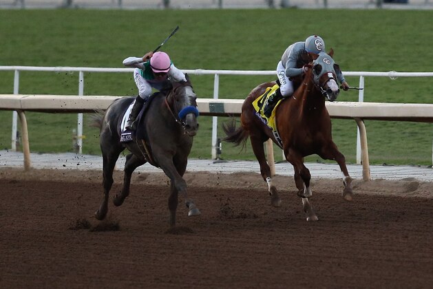 ARCADIA, CA - NOVEMBER 05:  Arrogate ridden by jockey Mike Smith races California Chrome ridden by jockey Victor Espinoza to the finish line during the Breeders' Cup Classic race on day two of the 2016 Breeders' Cup World Championships at Santa Anita Park on November 5, 2016 in Arcadia, California.  (Photo by Joe Scarnici/Getty Images)