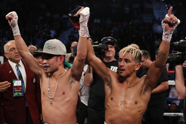 LAS VEGAS, NV - NOVEMBER 05:   (L-R) Nonito Donaire of the Philippines and Jessie Magdaleno react after the conclusion of their WBO junior featherweight championship fight at the Thomas & Mack Center on November 5, 2016 in Las Vegas, Nevada. (Photo by Christian Petersen/Getty Images)