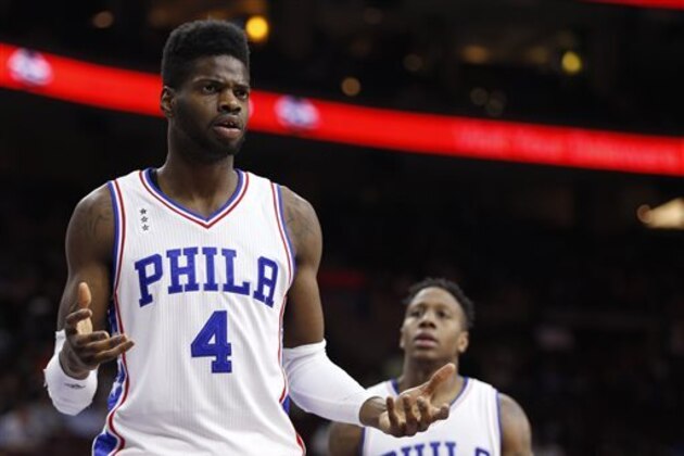 Philadelphia 76ers' Nerlens Noel reacts to the call on the court against the Sixers during the second half of an NBA basketball game against the San Antonio Spurs, Monday, Dec. 7, 2015, in Philadelphia. The San Antonio Spurs won 119-68. (AP Photo/Chris Szagola)