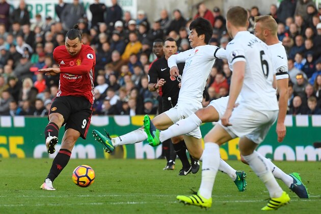 SWANSEA, WALES - NOVEMBER 06: Zlatan Ibrahimovic of Manchester United scores his sides second goal during the Premier League match between Swansea City and Manchester United at Liberty Stadium on November 6, 2016 in Swansea, Wales.  (Photo by Stu Forster/Getty Images)