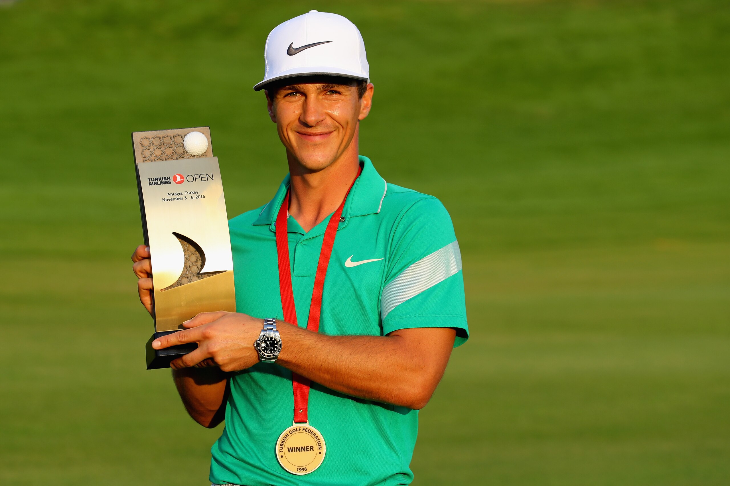 ANTALYA, TURKEY - NOVEMBER 06:  Thorbjorn Olesen of Denmark poses with the trophy following his victory during the final round of the Turkish Airlines Open at the Regnum Carya Golf & Spa Resort on November  6, 2016 in Antalya, Turkey.  (Photo by Warren Little/Getty Images)