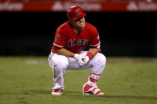 ANAHEIM, CA - SEPTEMBER 28:  Mike Trout #27 of the Los Angeles Angels of Anaheim reacts to being hit by a pitch during the eighth inning of a game against the Oakland Athletics at Angel Stadium of Anaheim on September 28, 2016 in Anaheim, California.  (Photo by Sean M. Haffey/Getty Images)
