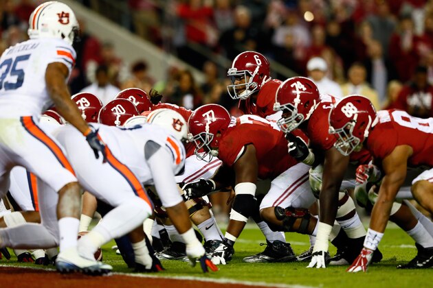 TUSCALOOSA, AL - NOVEMBER 29:  Blake Sims #6 of the Alabama Crimson Tide calls a play on 4th and 1 in the second quarter against the Auburn Tigers during the Iron Bowl at Bryant-Denny Stadium on November 29, 2014 in Tuscaloosa, Alabama.  (Photo by Kevin C. Cox/Getty Images)