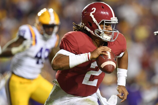 Nov 5, 2016; Baton Rouge, LA, USA; Alabama Crimson Tide quarterback Jalen Hurts (2) scrambles for yardage against the LSU Tigers during the third quarter at Tiger Stadium. Mandatory Credit: John David Mercer-USA TODAY Sports Nov 5, 2016; Baton Rouge, LA, USA; Alabama Crimson Tide quarterback Jalen Hurts (2) scrambles for yardage against the LSU Tigers during the third quarter at Tiger Stadium. Mandatory Credit: John David Mercer-USA TODAY Sports