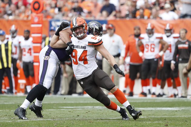 CLEVELAND, OH - SEPTEMBER 18: Carl Nassib #94 of the Cleveland Browns in action against the Baltimore Ravens during the game at FirstEnergy Stadium on September 18, 2016 in Cleveland, Ohio. The Ravens defeated the Browns 25-20. (Photo by Joe Robbins/Getty Images)