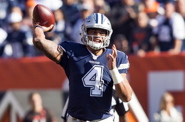Nov 6, 2016; Cleveland, OH, USA; Dallas Cowboys quarterback Dak Prescott (4) completes a pass against the Cleveland Browns during the first quarter at FirstEnergy Stadium. Mandatory Credit: Scott R. Galvin-USA TODAY Sports