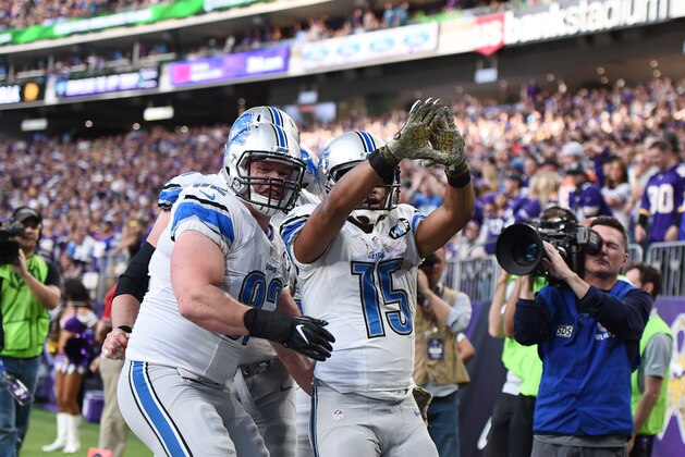 MINNEAPOLIS, MN - NOVEMBER 6: Golden Tate #15 of the Detroit Lions  celebrates the go ahead touchdown against the Minnesota Vikings during overtime on November 6, 2016 at US Bank Stadium in Minneapolis, Minnesota. (Photo by Stacy Revere/Getty Images)