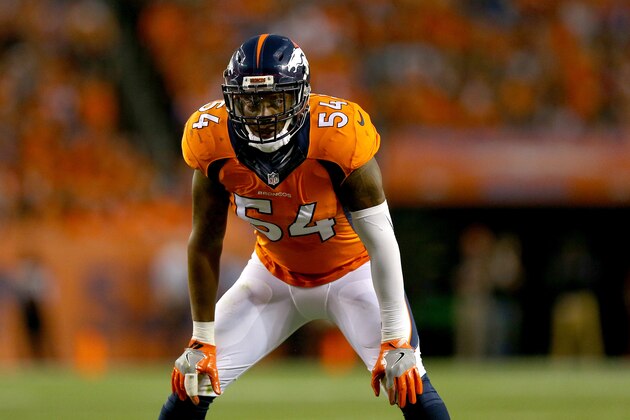 DENVER, CO - SEPTEMBER 08:  Inside linebacker Brandon Marshall #54 of the Denver Broncos looks on in the first half against the Carolina Panthers at Sports Authority Field at Mile High on September 8, 2016 in Denver, Colorado.  (Photo by Justin Edmonds/Getty Images)