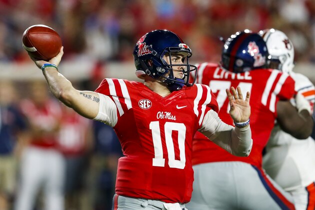 OXFORD, MS - OCTOBER 29:   Quarterback Chad Kelly #10 of the Mississippi Rebels throws a pass during the first half of an NCAA college football game against the Auburn Tigers on October 29, 2016 in Oxford, Mississippi. (Photo by Butch Dill/Getty Images)