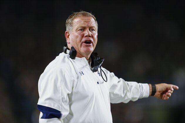 SOUTH BEND, IN - OCTOBER 15: Head coach Brian Kelly of the Notre Dame Fighting Irish is seen during the game against the Stanford Cardinal at Notre Dame Stadium on October 15, 2016 in South Bend, Indiana. Stanford defeated Notre Dame 17-10. (Photo by Michael Hickey/Getty Images)