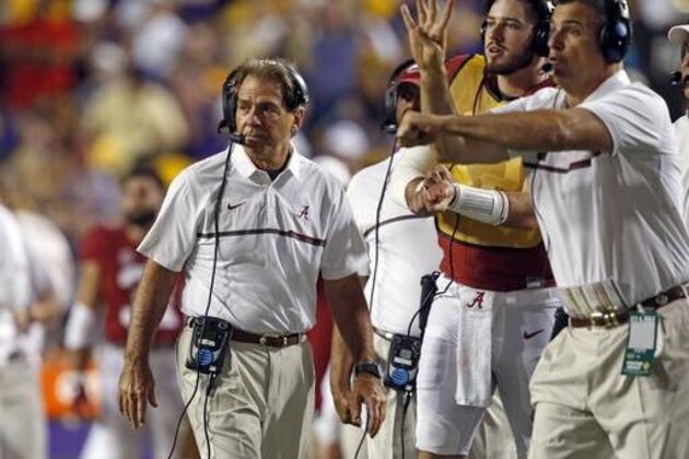 Alabama head coach Nick Saban works the sideline in the second half of an NCAA college football game against LSU in Baton Rouge, La., Saturday, Nov. 5, 2016. Alabama won 10-0. (AP Photo/Gerald Herbert)