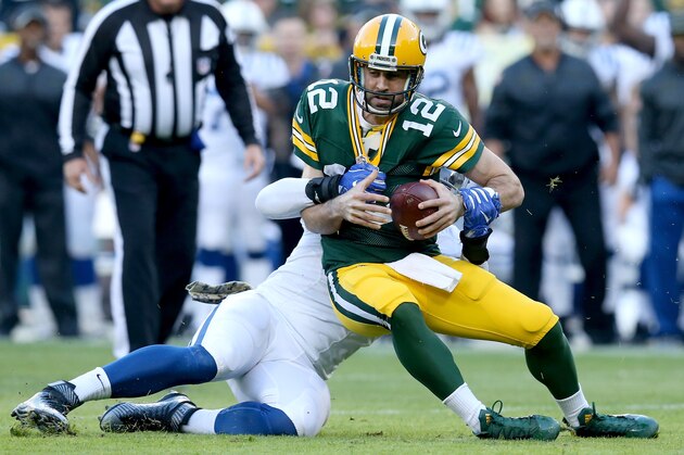 GREEN BAY, WI - NOVEMBER 06:  Lavar Edwards #95 of the Indianapolis Colts sacks Aaron Rodgers #12 of the Green Bay Packers in the first quarter at Lambeau Field on November 6, 2016 in Green Bay, Wisconsin. (Photo by Dylan Buell/Getty Images)