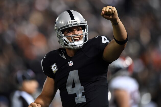OAKLAND, CA - NOVEMBER 06:   Derek Carr #4 of the Oakland Raiders celebrates after a touchdown during the fourth quarter against the Denver Broncos at Oakland-Alameda County Coliseum on November 6, 2016 in Oakland, California. (Photo by Thearon W. Henderson/Getty Images)
