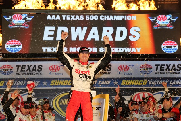 FORT WORTH, TX - NOVEMBER 06:  Carl Edwards, driver of the #19 Sport Clips Toyota, celebrates in Victory Lane after winning the rain-shortened NASCAR Sprint Cup Series AAA Texas 500 at Texas Motor Speedway on November 6, 2016 in Fort Worth, Texas.  (Photo by Jerry Markland/Getty Images)