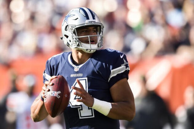 Dallas Cowboys quarterback Dak Prescott looks to pass in the first half of an NFL football game against the Cleveland Browns, Sunday, Nov. 6, 2016, in Cleveland. (AP Photo/David Richard)