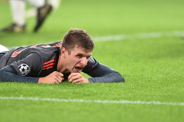 Bayern Munich's striker Thomas Mueller reacts at the field after an attack during the UEFA Champions League group D football match between PSV Eindhoven and Bayern Munich at the Philips Stadium in Eindhoven on November 1, 2016. / AFP / CHRISTOF STACHE        (Photo credit should read CHRISTOF STACHE/AFP/Getty Images)