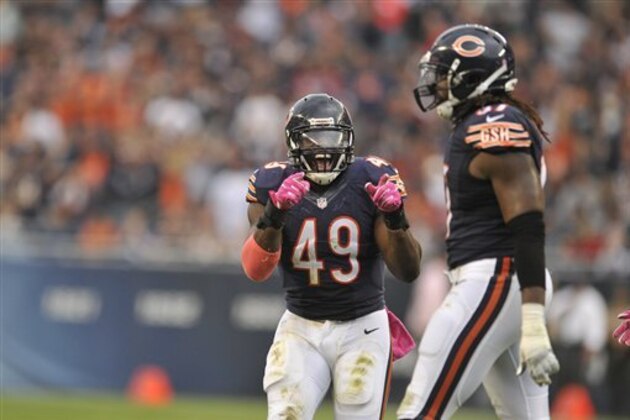 Chicago Bears running back Joique Bell (43) and outside linebacker Willie Young (97) celebrates a fumble recovery against the Jacksonville Jaguars during the second half of an NFL football game in Chicago, Sunday, Oct. 16, 2016. (AP Photo/Paul Beaty)
