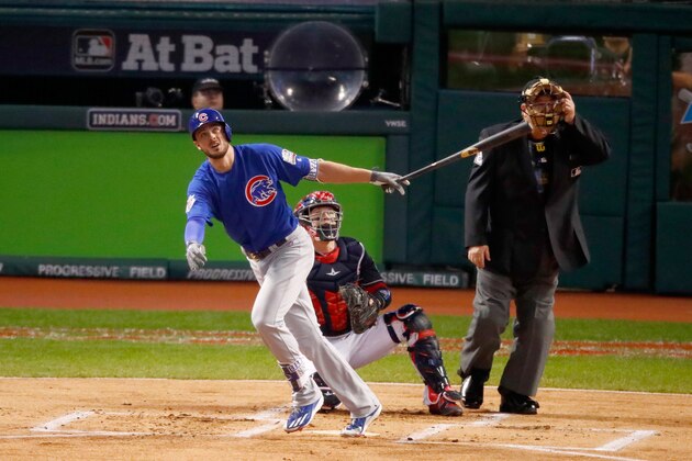 CLEVELAND, OH - NOVEMBER 01:  Kris Bryant #17 of the Chicago Cubs hits a solo home run during the first inning against Josh Tomlin #43 of the Cleveland Indians in Game Six of the 2016 World Series at Progressive Field on November 1, 2016 in Cleveland, Ohio.  (Photo by Gregory Shamus/Getty Images)