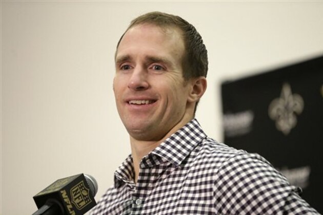 New Orleans Saints quarterback Drew Brees talks to reporters during a post game interview after an NFL football game against the New Orleans Saints in New Orleans, Sunday, Oct. 4, 2015.  The Saints won 26-20.(AP Photo/Jonathan Bachman)