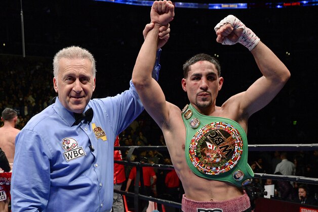 LOS ANGELES, CA - JANUARY 23:  Referee Jack Reiss holds up the hand of Danny Garcia after he defeated Robert Guerrero on unanimous decision to win the WBC championship welterweight belt at Staples Center January 23, 2016 in Los Angeles, California. (Photo by Kevork Djansezian/Getty Images)