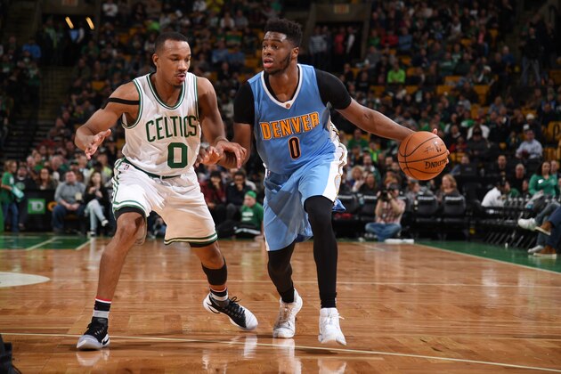 BOSTON, MA - NOVEMBER 6: Emmanuel Mudiay #0 of the Denver Nuggets handles the ball against Avery Bradley #0 of the Boston Celtics on November 6, 2016 at the TD Garden in Boston, Massachusetts.  NOTE TO USER: User expressly acknowledges and agrees that, by downloading and or using this photograph, User is consenting to the terms and conditions of the Getty Images License Agreement. Mandatory Copyright Notice: Copyright 2016 NBAE  (Photo by Brian Babineau/NBAE via Getty Images)