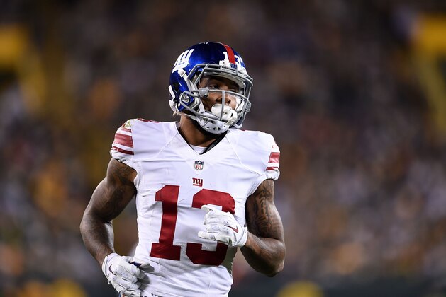 GREEN BAY, WI - OCTOBER 09:  Odell Beckham Jr. #13 of the New York Giants runs a pass route during a game against the Green Bay Packers at Lambeau Field on October 9, 2016 in Green Bay, Wisconsin. The Packers defeated the Giants 23-16.  (Photo by Stacy Revere/Getty Images)