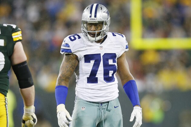 GREEN BAY, WI - DECEMBER 13: Greg Hardy #76 of the Dallas Cowboys looks on against the Green Bay Packers during the game at Lambeau Field on December 13, 2015 in Green Bay, Wisconsin. The Packers defeated the Cowboys 28-7. (Photo by Joe Robbins/Getty Images)