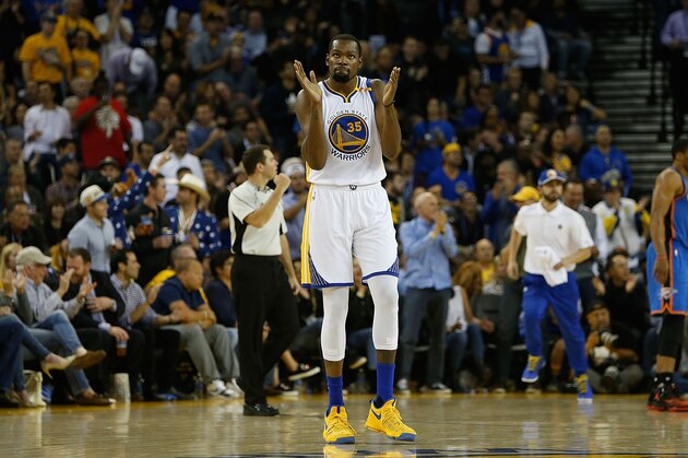OAKLAND, CA - NOVEMBER 03: Kevin Durant #35 of the Golden State Warriors celebrates during a game against the Oklahoma City Thunder at ORACLE Arena on November 3, 2016 in Oakland, California. NOTE TO USER: User expressly acknowledges and agrees that, by downloading and or using this photograph, user is consenting to the terms and conditions of Getty Images License Agreement. (Photo by Lachlan Cunningham/Getty Images)
