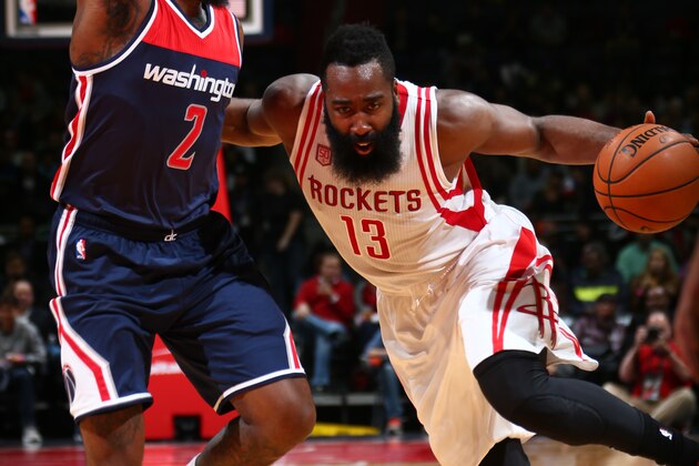 WASHINGTON, DC -  NOVEMBER 7: James Harden #13 of the Houston Rockets handles the ball against the Washington Wizards on November 7, 2016 at Verizon Center in Washington, DC. NOTE TO USER: User expressly acknowledges and agrees that, by downloading and or using this Photograph, user is consenting to the terms and conditions of the Getty Images License Agreement. Mandatory Copyright Notice: Copyright 2016 NBAE (Photo by Ned Dishman/NBAE via Getty Images)