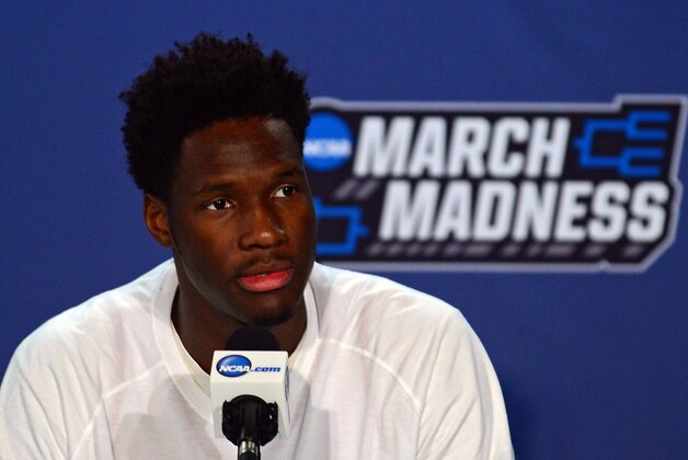 Mar 17, 2016; St. Louis, MO, USA; Wisconsin Badgers forward Nigel Hayes (10) talks with the media during a practice day before the first round of the NCAA men's college basketball tournament at Scottrade Center. Mandatory Credit: Jeff Curry-USA TODAY Sports