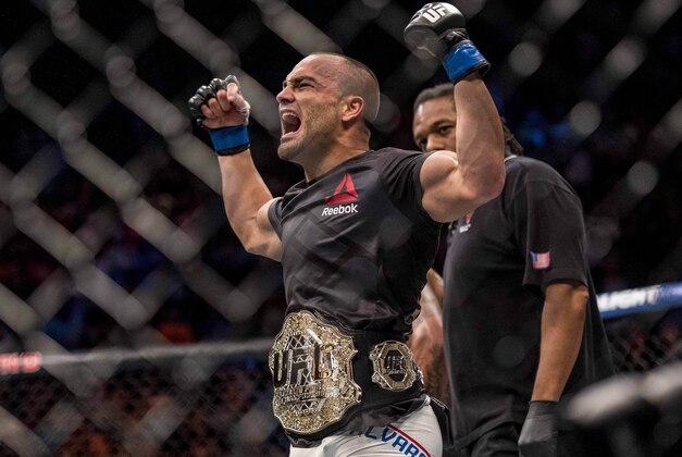 Jul 7, 2016; Las Vegas, NV, USA; Eddie Alvarez reacts following his victory against Rafael Dos Anjos during UFC Fight Night at MGM Grand Graden Arena. Mandatory Credit: Joshua Dahl-USA TODAY Sports