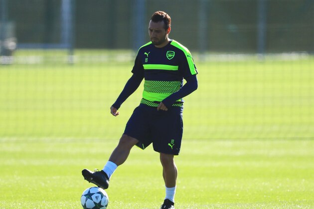 ST ALBANS, ENGLAND - OCTOBER 18:  Santi Cazorla of Arsenal in action during an Arsenal training session on the eve of their UEFA Champions League Group A match against Ludogorets Razgrad at London Colney on October 18, 2016 in St Albans, England.  (Photo by Matthew Lewis/Getty Images)