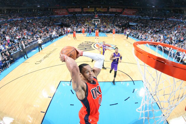 OKLAHOMA CITY, OK - OCTOBER 30: Russell Westbrook #0 of the Oklahoma City Thunder goes up for a dunk against the Los Angeles Lakers on October 30, 2016 at Chesapeake Energy Arena in Oklahoma City, Oklahoma. NOTE TO USER: User expressly acknowledges and agrees that, by downloading and or using this photograph, User is consenting to the terms and conditions of the Getty Images License Agreement. Mandatory Copyright Notice: Copyright 2016 NBAE (Photo by Layne Murdoch/NBAE via Getty Images)