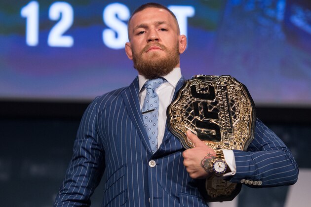 NEW YORK, NY - SEPTEMBER 27:  UFC featherweight champion Conor McGregor poses for a picture during the UFC 205 press event at Madison Square Garden on September 27, 2016 in New York City. (Photo by Brandon Magnus/Zuffa LLC/Zuffa LLC via Getty Images)