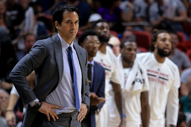 MIAMI, FL - OCTOBER 30: Head coach Erik Spoelstra of the Miami Heat looks on during the game against the San Antonio Spurs at American Airlines Arena on October 30, 2016 in Miami, Florida. (Photo by Rob Foldy/Getty Images)