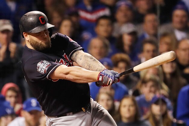 CHICAGO, IL - OCTOBER 28:  Mike Napoli #26 of the Cleveland Indians grounds out in the sixth inning against the Chicago Cubs in Game Three of the 2016 World Series at Wrigley Field on October 28, 2016 in Chicago, Illinois.  (Photo by Jamie Squire/Getty Images)