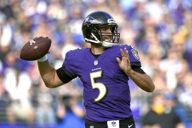 Baltimore Ravens quarterback Joe Flacco throws to a receiver in the first half of an NFL football game against the Pittsburgh Steelers, Sunday, Nov. 6, 2016, in Baltimore. (AP Photo/Nick Wass)