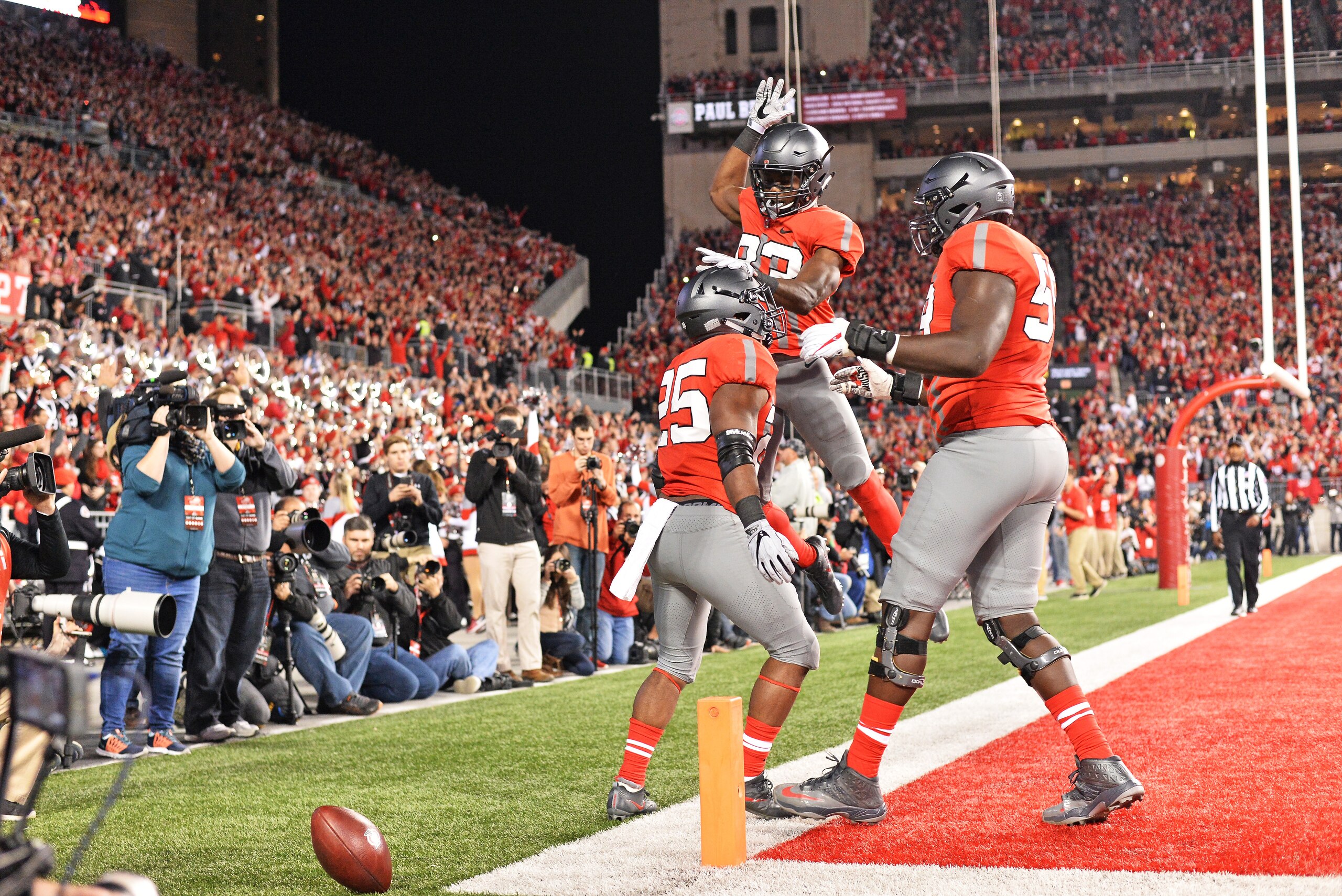 COLUMBUS, OH - NOVEMBER 5: Mike Weber #25 of the Ohio State Buckeyes celebrates with Terry McLaurin #83 of the Ohio State Buckeyes and Isaiah Prince #59 of the Ohio State Buckeyes after scoring on a 23-yard touchdown run in the second quarter against the Nebraska Cornhuskers at Ohio Stadium on November 5, 2016 in Columbus, Ohio. (Photo by Jamie Sabau/Getty Images) COLUMBUS, OH - NOVEMBER 5: Mike Weber #25 of the Ohio State Buckeyes celebrates with Terry McLaurin #83 of the Ohio State Buckeyes and Isaiah Prince #59 of the Ohio State Buckeyes after scoring on a 23-yard touchdown run in the second quarter against the Nebraska Cornhuskers at Ohio Stadium on November 5, 2016 in Columbus, Ohio. (Photo by Jamie Sabau/Getty Images)