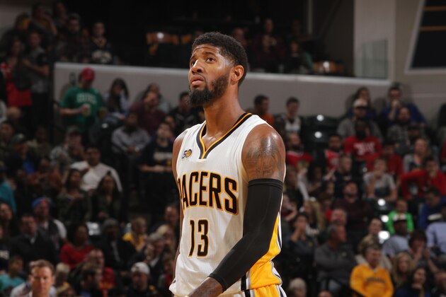 INDIANAPOLIS, IN - NOVEMBER 5:  Paul George #13 of the Indiana Pacers looks on against the Chicago Bulls on November 5, 2016 at Bankers Life Fieldhouse in Indianapolis, Indiana. NOTE TO USER: User expressly acknowledges and agrees that, by downloading and or using this Photograph, user is consenting to the terms and conditions of the Getty Images License Agreement. Mandatory Copyright Notice: Copyright 2016 NBAE (Photo by Ron Hoskins/NBAE via Getty Images)