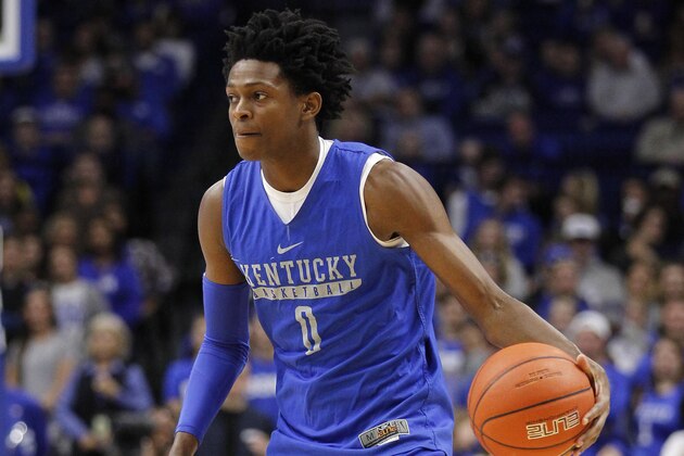Oct 21, 2016; Lexington, KY, USA; Kentucky Wildcats guard De'Aaron Fox (0) dribbles the ball during the Kentucky blue-white game at Rupp Arena. Mandatory Credit: Mark Zerof-USA TODAY Sports