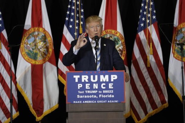 Republican presidential candidate Donald Trump during a campaign speech Monday Nov. 7, 2016, in Sarasota, Fla. (AP Photo/Chris O'Meara)