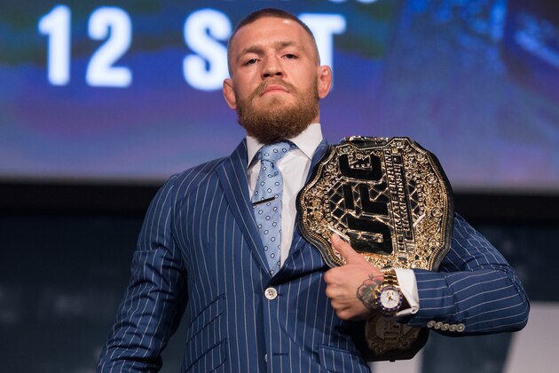 NEW YORK, NY - SEPTEMBER 27:  UFC featherweight champion Conor McGregor poses for a picture during the UFC 205 press event at Madison Square Garden on September 27, 2016 in New York City. (Photo by Brandon Magnus/Zuffa LLC/Zuffa LLC via Getty Images)