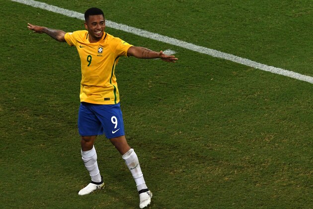 Brazil's Gabriel Jesus celebrates after scoring against Bolivia during their Russia 2018 World Cup football qualifier match in Natal, Brazil, on October 6, 2016. / AFP / VANDERLEI ALMEIDA        (Photo credit should read VANDERLEI ALMEIDA/AFP/Getty Images)