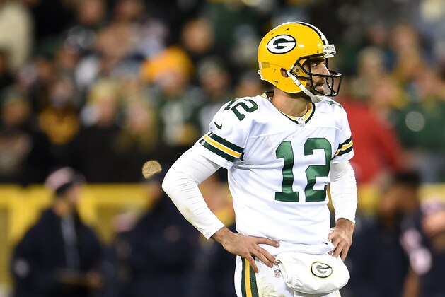 GREENBAY, WI - OCTOBER 20: Quarterback Aaron Rodgers #12 of the Green Bay Packers looks on against the Chicago Bears in the fourth quarter at Lambeau Field on October 20, 2016 in Green Bay, Wisconsin. (Photo by Stacy Revere/Getty Images)