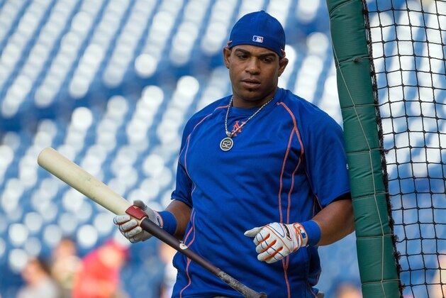 Jul 15, 2016; Philadelphia, PA, USA; New York Mets center fielder Yoenis Cespedes (52) prior to action against the Philadelphia Phillies at Citizens Bank Park. Mandatory Credit: Bill Streicher-USA TODAY Sports