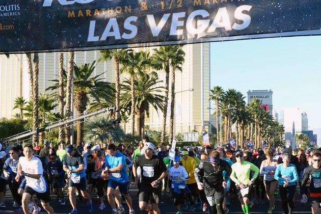 LAS VEGAS, NV - NOVEMBER 16:  Rock 'n' Roll Las Vegas Half Marathon in Las Vegas on Sunday, November 16th  benefitting the Crohns & Colitis Foundation of America. As part of the Rock 'n' Roll Running Weekend, more than 43k runners rocked the strip at night on Saturday for the inaugural 5k and on Sunday for the half marathon and marathon. Runners were treated to musical performances by Chromeo at the 5k finish line and Macklemore & Ryan Lewis at the marathon & half marathon start line festival.  (Photo by Bryan Steffy/Getty Images for Rock 'n' Roll Las Vegas Marathon)