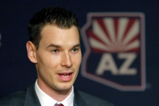Newly appointed Arizona Coyotes general manager John Chayka speaks at a news conference announcing his promotion, Thursday, May 5, 2016, in Glendale, Ariz. Chayka is the youngest GM in NHL history. (AP Photo/Matt York)