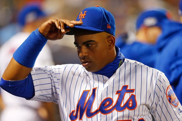 NEW YORK, NY - OCTOBER 05:  (NEW YORK DAILIES OUT)    Yoenis Cespedes #52 of the New York Mets looks on against the San Francisco Giants during the National League Wild Card game at Citi Field on October 5, 2016 in the Flushing neighborhood of the Queens borough of New York City. The Giants defeated the Mets 3-0.  (Photo by Jim McIsaac/Getty Images)